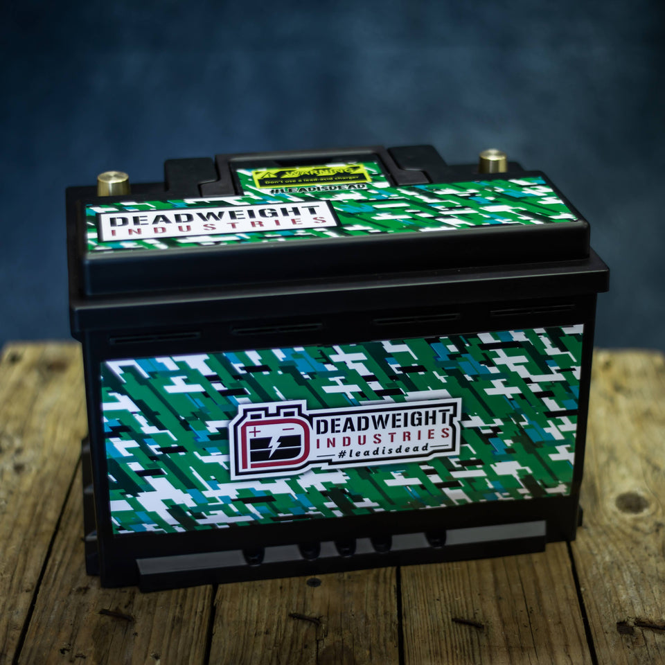 Deadweight Industries lightweight lithium battery using the latest LiFePO4 battery chemistry. Weight reduction mod for race and track cars. 6kg weight and 950CCA cranking amps 
